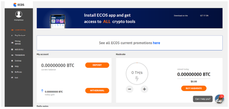 Bitcoin felhőbányászat ECOS interface mycryptoption