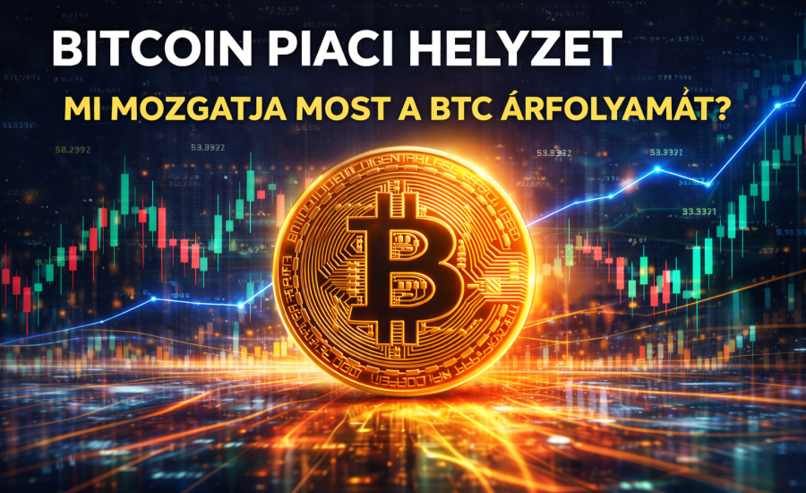 Bitcoin piaci helyzet grafika BTC árfolyam mozgással és tőzsdei chart háttérrel