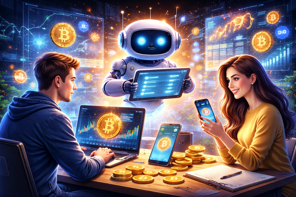 Futurisztikus jelenet mesterséges intelligencia robottal és kriptovaluta grafikonokat elemző felhasználókkal