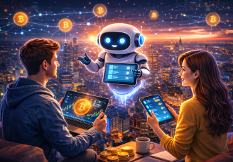 Inteligență artificială analizând grafice de criptomonede într-un mediu digital futurist