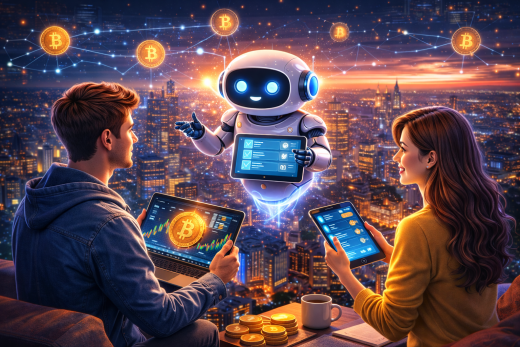 Inteligență artificială analizând grafice de criptomonede într-un mediu digital futurist