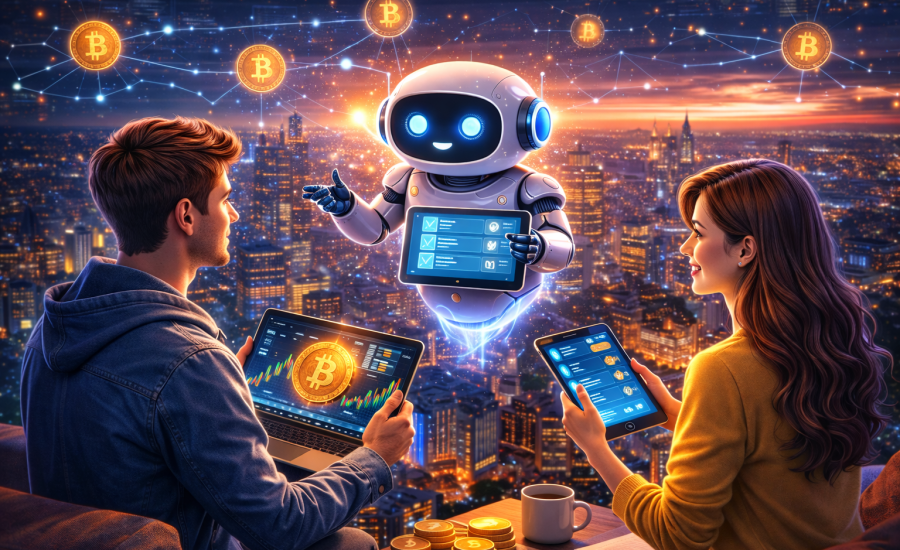 Inteligență artificială analizând grafice de criptomonede într-un mediu digital futurist