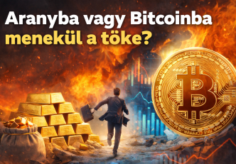 Aranyrudak és Bitcoin érme válság idején – befektetői menedék eszközök illusztrációja
