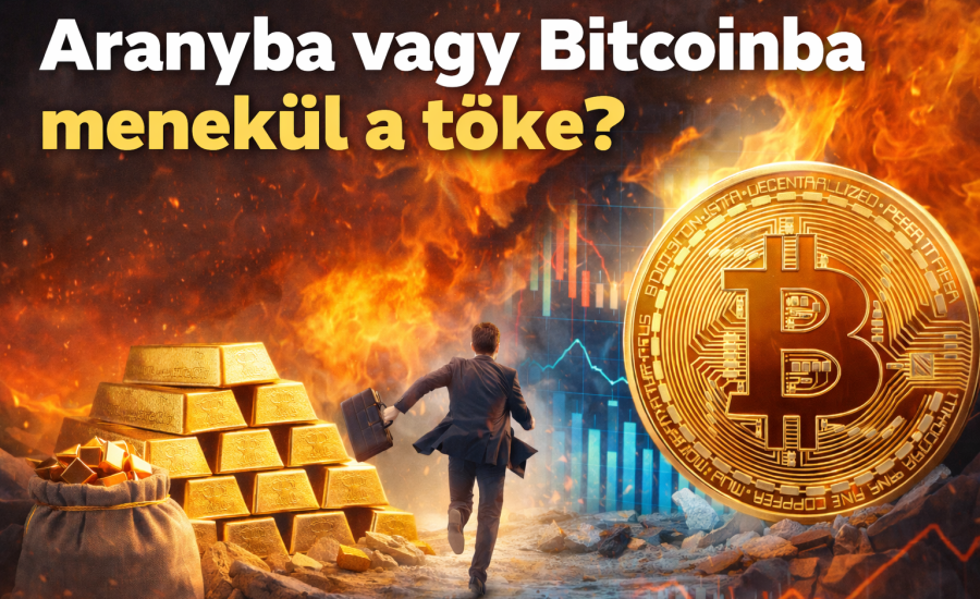Aranyrudak és Bitcoin érme válság idején – befektetői menedék eszközök illusztrációja