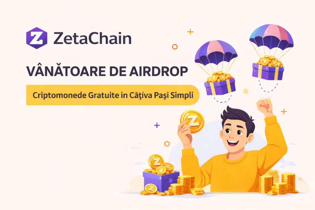 Banner promoțional ZetaChain Airdrop cu criptomonede gratuite, monede Z și parașute cu recompense