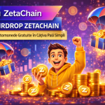 Banner ZetaChain Airdrop cu criptomonede gratuite și monede Z parașutate în cutii cadou