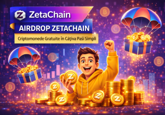 Banner ZetaChain Airdrop cu criptomonede gratuite și monede Z parașutate în cutii cadou