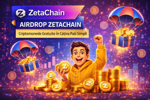 Banner ZetaChain Airdrop cu criptomonede gratuite și monede Z parașutate în cutii cadou