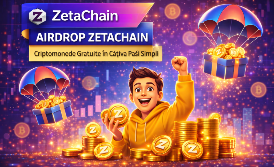 Banner ZetaChain Airdrop cu criptomonede gratuite și monede Z parașutate în cutii cadou