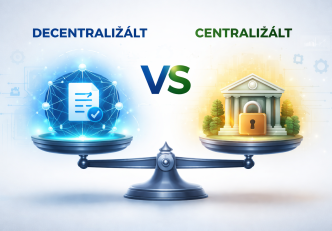 Decentralizált és centralizált pénzügyi rendszer összehasonlítása mérleg ábrával