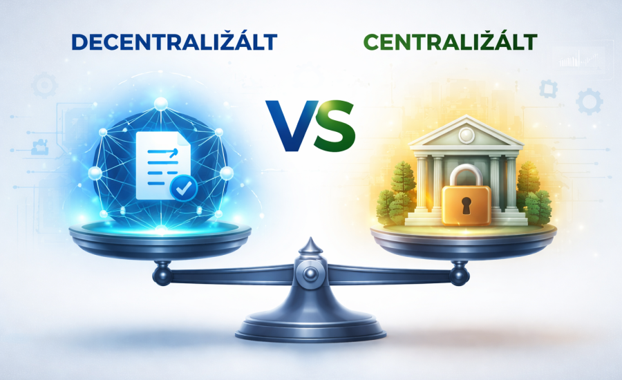 Decentralizált és centralizált pénzügyi rendszer összehasonlítása mérleg ábrával