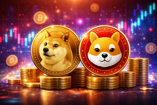 Dogecoin és Shiba Inu kriptovaluta érmék digitális illusztráción, amerikai kriptopiaci trend háttérrel