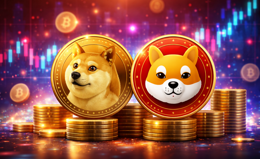 Dogecoin és Shiba Inu kriptovaluta érmék digitális illusztráción, amerikai kriptopiaci trend háttérrel