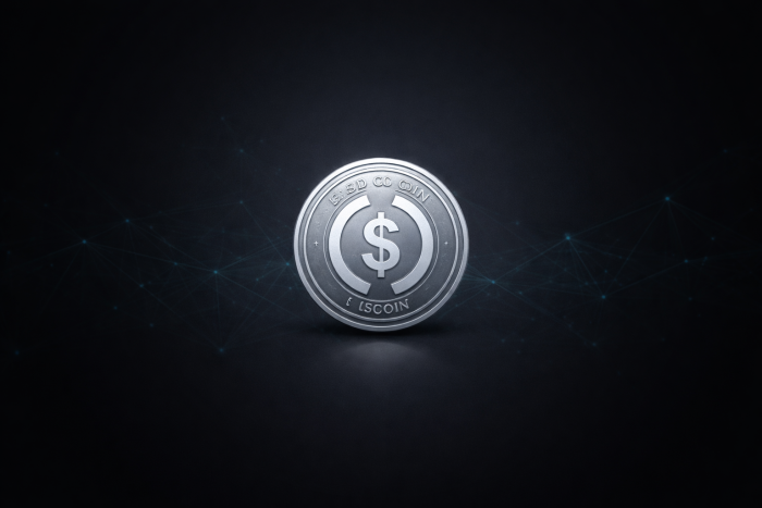 USDC coin on dark background with subtle Polygon network