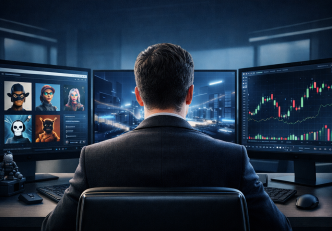 digitális gazdaság rendszer elemzés több monitor NFT játék és chartok