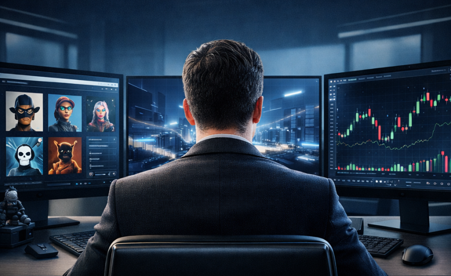 digitális gazdaság rendszer elemzés több monitor NFT játék és chartok