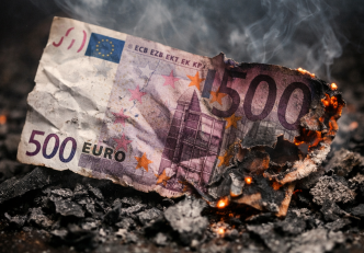 Elégetett 500 eurós bankjegy a pénzügyi veszteség szimbolikus ábrázolására
