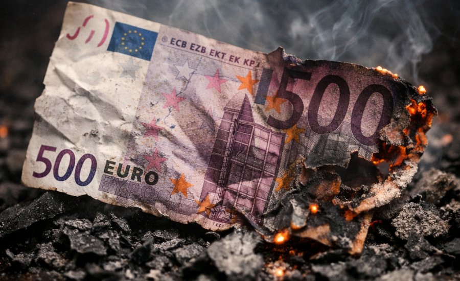 Elégetett 500 eurós bankjegy a pénzügyi veszteség szimbolikus ábrázolására