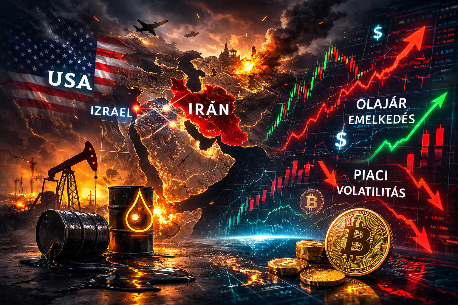 Irán elleni támadás hatása a világpiacokra – olajár emelkedés, tőzsdei esés és kriptovaluta volatilitás 2026-ban