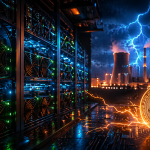 Bitcoin bányászgépek szerverfarmban kék LED fényekkel és villámokkal, energiaigényes kriptobányászat szimbolikája