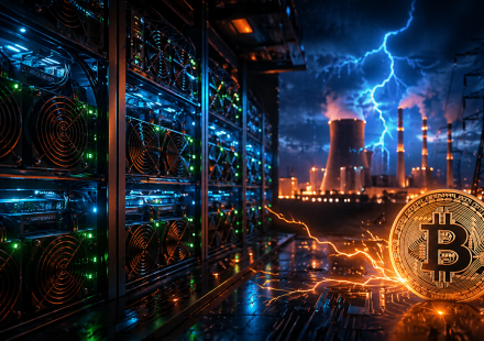 Bitcoin bányászgépek szerverfarmban kék LED fényekkel és villámokkal, energiaigényes kriptobányászat szimbolikája