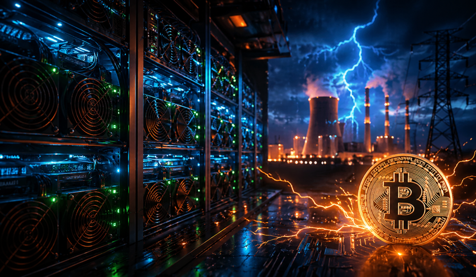 Bitcoin bányászgépek szerverfarmban kék LED fényekkel és villámokkal, energiaigényes kriptobányászat szimbolikája