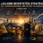 Diverzifikált befektetési stratégia vizuális ábrázolása arannyal, ingatlannal, energiával és Bitcoinnal egy inflációs világban