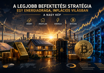Diverzifikált befektetési stratégia vizuális ábrázolása arannyal, ingatlannal, energiával és Bitcoinnal egy inflációs világban