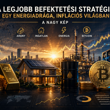 Diverzifikált befektetési stratégia vizuális ábrázolása arannyal, ingatlannal, energiával és Bitcoinnal egy inflációs világban