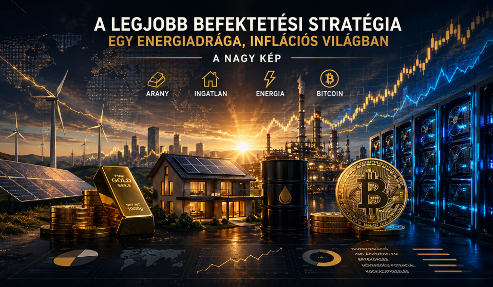 Diverzifikált befektetési stratégia vizuális ábrázolása arannyal, ingatlannal, energiával és Bitcoinnal egy inflációs világban