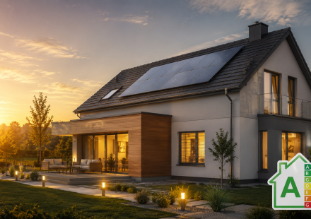 Energiahatékony családi ház napelemekkel és A energiaosztályú energetikai tanúsítvánnyal