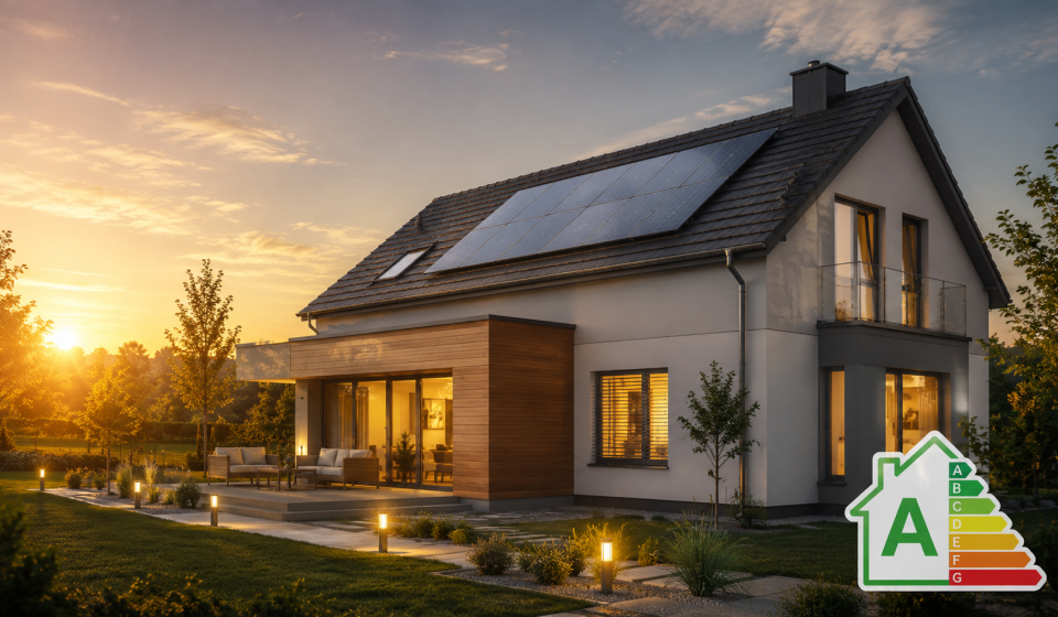 Energiahatékony családi ház napelemekkel és A energiaosztályú energetikai tanúsítvánnyal