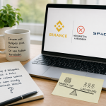 Binance SPCX kereskedési korlátozás és SpaceX market cap elemzés. Befektető laptop előtt, jegyzetekkel a likviditás és vállalatérték témájáról.