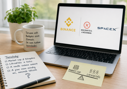 Binance SPCX kereskedési korlátozás és SpaceX market cap elemzés. Befektető laptop előtt, jegyzetekkel a likviditás és vállalatérték témájáról.