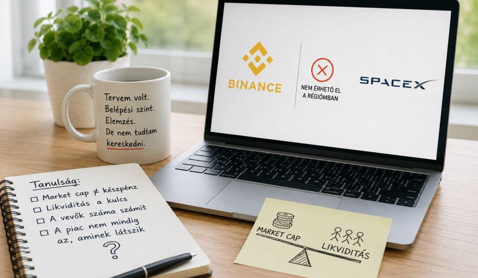 Binance SPCX kereskedési korlátozás és SpaceX market cap elemzés. Befektető laptop előtt, jegyzetekkel a likviditás és vállalatérték témájáról.
