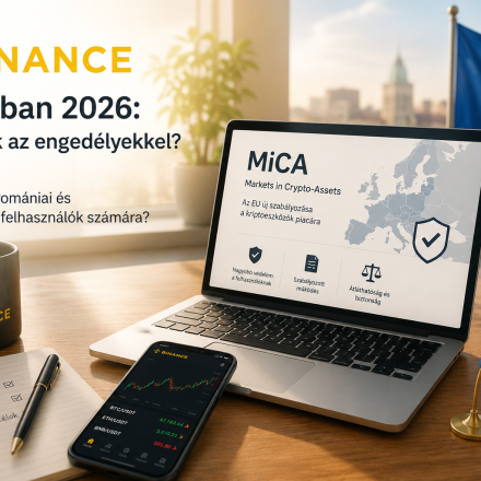 Binance Európa és a MiCA szabályozás – befektető elemzi a kriptovaluta piac jövőjét egy modern munkakörnyezetben.