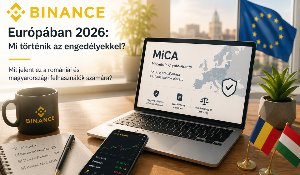 Binance Európa és a MiCA szabályozás – befektető elemzi a kriptovaluta piac jövőjét egy modern munkakörnyezetben.