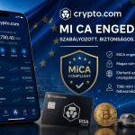 Crypto.com alkalmazás okostelefonon, amely az európai MiCA szabályozásnak megfelelő kriptokereskedelmet és digitális eszközök kezelését szimbolizálja.