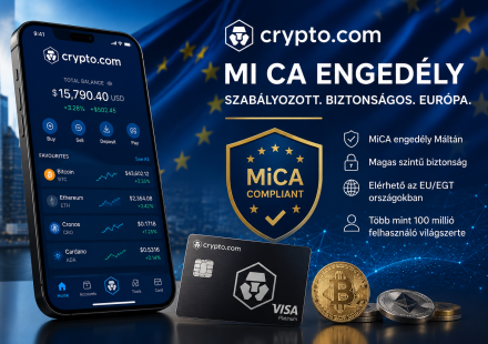 Crypto.com alkalmazás okostelefonon, amely az európai MiCA szabályozásnak megfelelő kriptokereskedelmet és digitális eszközök kezelését szimbolizálja.