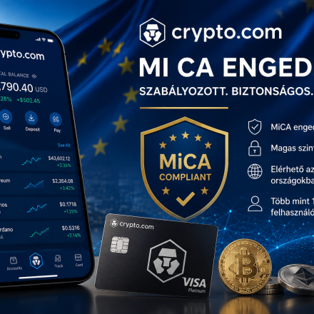 Crypto.com alkalmazás okostelefonon, amely az európai MiCA szabályozásnak megfelelő kriptokereskedelmet és digitális eszközök kezelését szimbolizálja.