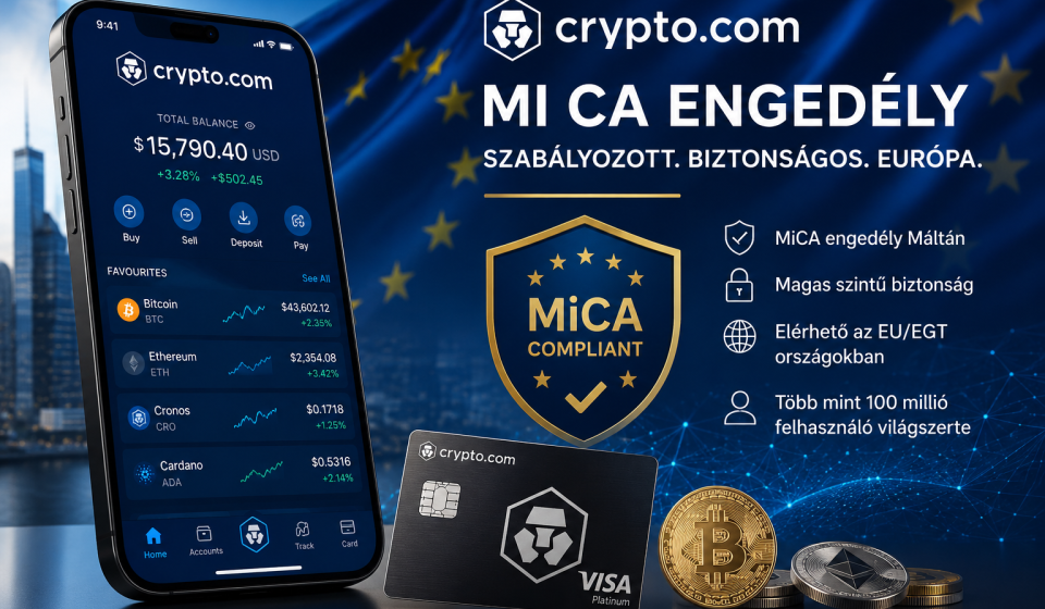 Crypto.com alkalmazás okostelefonon, amely az európai MiCA szabályozásnak megfelelő kriptokereskedelmet és digitális eszközök kezelését szimbolizálja.