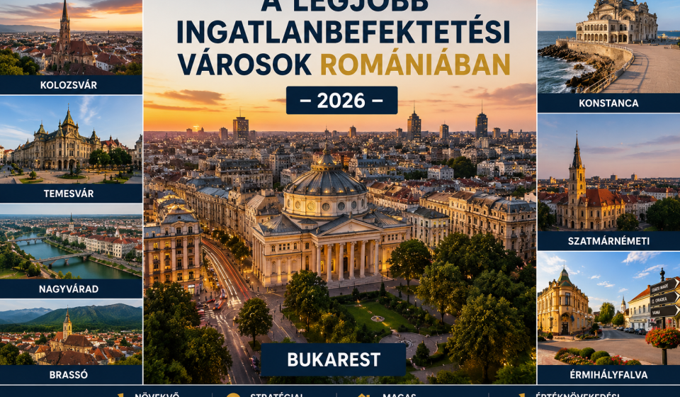 Érmihályfalva központja naplementében, gondozott virágágyásokkal, történelmi épületekkel és irányjelző táblákkal. A város rendezett, barátságos környezete jól szemlélteti a térség fejlődési és ingatlanbefektetési potenciálját.