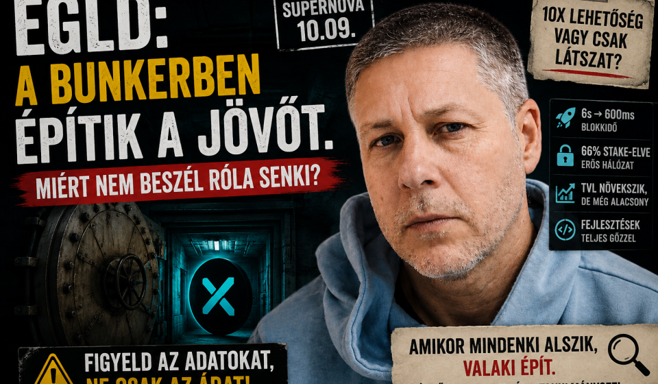 EGLD (MultiversX) kriptovaluta befektetési illusztráció: férfi portré bunker/trezor háttérrel, "Supernova 10.09" hálózati frissítés és kulcsfontosságú mutatók (blokkidő, stake arány, TVL) feltüntetésével